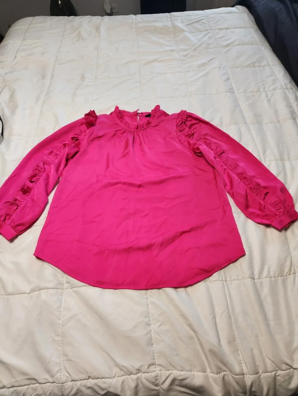 J. Crew Ruffle-Trim Satin Long Sleeve Blouse - Hot Pink